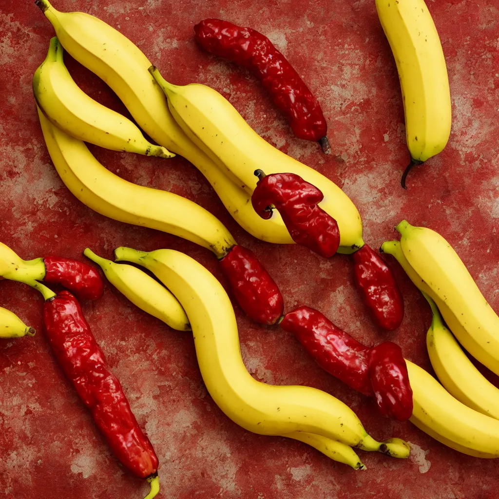 Image similar to fat banana in the shape of red cracked pepper, closeup, hyper real, food photography, high quality