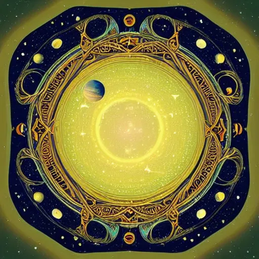 Image similar to a beautiful celestial sky with stars, planets and galaxies in the style of illuminated manuscript, circular abstract border with curly symmetrical designs, trending on artstation