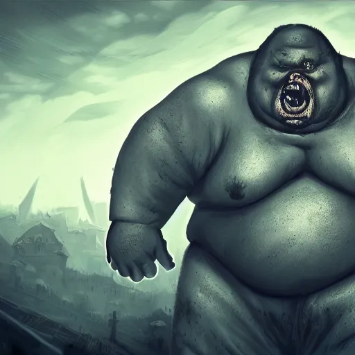 Prompt: angry extremely fat obese giant bloated zombie, full body portrait, with clothese, horror core, apocalyptic, feeling of grimdark, sharp focus, fiction, hyper detailed, digital art, trending in artstation, cinematic lighting, studio quality, smooth render, unreal engine 5 rendered, octane rendered, art style and nixeu and wlop and krenz cushart