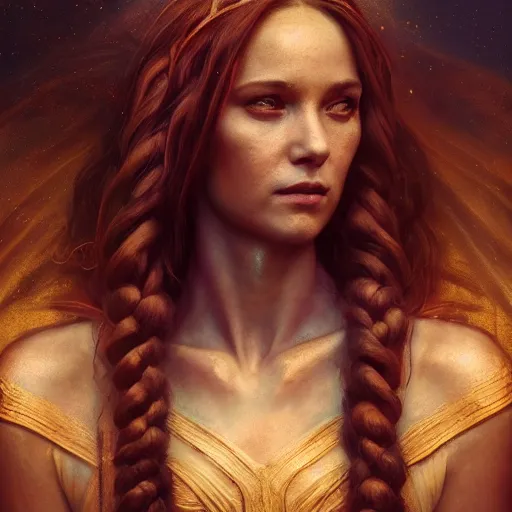 Image similar to majestic gracious goddess hekate portrait, ancient greece, elysium, atmospheric lighting, painted, intricate, volumetric lighting, beautiful, rich deep colours masterpiece, golden hour, sharp focus, ultra detailed, by leesha hannigan, ross tran, thierry doizon, kai carpenter, ignacio fernandez rios