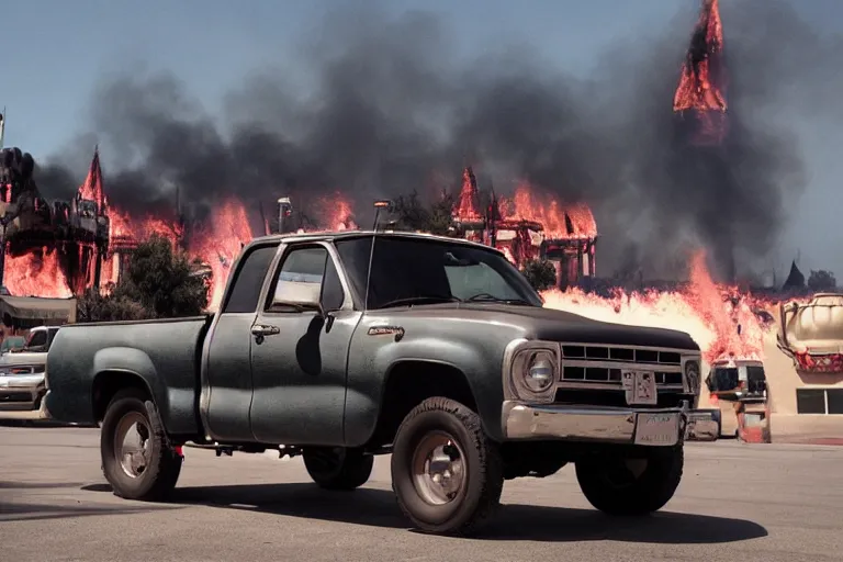 Image similar to lifted pickup in front of burning Disney Land by Emmanuel Lubezki