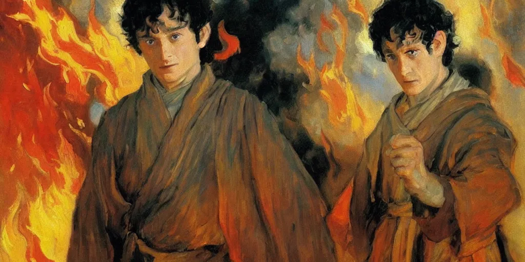 Prompt: frodo baggins as fire lord ozai, russian impressionism oil painting, 4 k, beautiful painting, by konstantin korovin