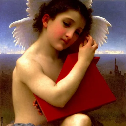 Prompt: Angel crying on top of a red cube made out of water, tears falling from eyes, oil painting by William-Adolphe Bouguereau