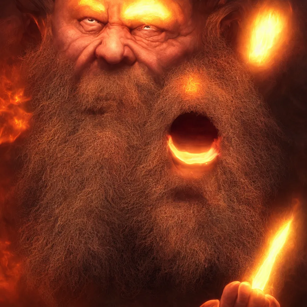 Image similar to Photorealistic cinematic close-up portrait of one angry dwarf wizard casting a fireball spell, by Larry Elmore and Steven Belledin . Magical occult photorealism, UHD, amazing depth, glowing, golden ratio, 3D octane cycle unreal engine 5, volumetric lighting, cinematic lighting, cgstation artstation concept art