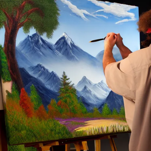 Image similar to a closeup photorealistic photograph of bob ross putting the finishing touches on a canvas painting of kenny powers. mountains and trees. film still. brightly lit scene. this 4 k hd image is trending on artstation, featured on behance, well - rendered, extra crisp, features intricate detail, epic composition and the style of unreal engine.