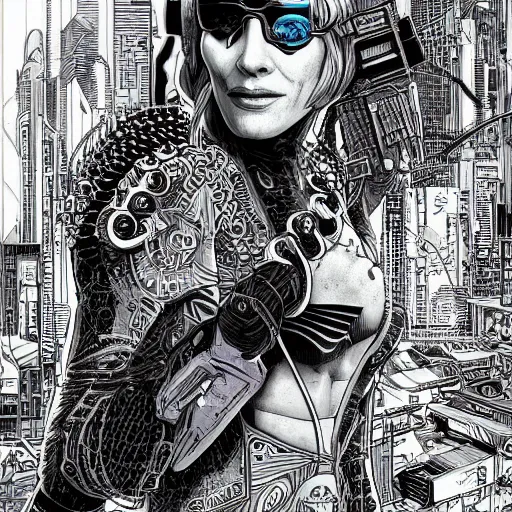Prompt: hyper detailed comic illustration of a cyberpunk catee blanchett , by darick robertson , transmetropolitan , intricate details, vibrant, solid background