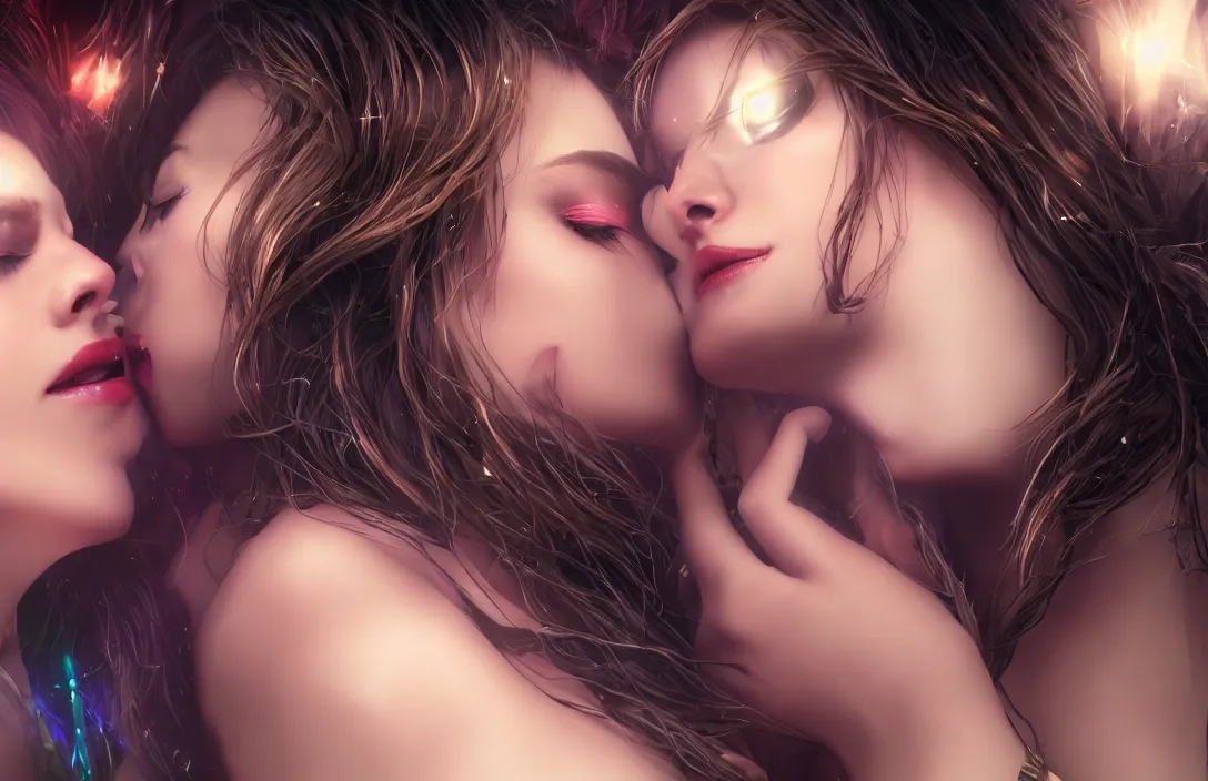 Prompt: beautiful sorceress kissing and embracing a cute magic girl, lips softly touching, eyes locked in each other's gaze, steamy passionate love, dreamy, desire, astral realm, ultra hd + 8 k render + cinematic lighting