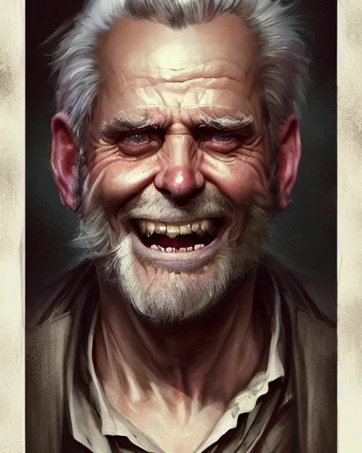 Image similar to epic portrait cinematic shot an crazy scientist smilling wide with wide eyes, creepy, old man, long sharp nose, sharp jaw, gray hair, fine details. night setting. realistic shaded lighting poster by craig mullism, artgerm, jeremy lipkin and michael garmash, unreal engine, radiant light, detailed and intricate environment, digital art, trending on art station,