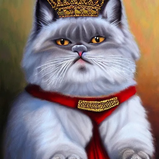 Prompt: anthromorphic fluffy himalayan cat dressed in queen robe and crown, detailed 4 k oil painting