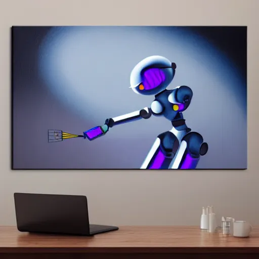 Prompt: photo of a minimalist robot painting a canvas, beautiful lighting, sharp, pixar, details, HD, HDR, 4K, 8K
