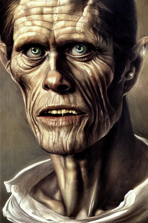 Prompt: an extremely high quality hd, portrait painting of 4 0 year old willem dafoe, renaissance oil painting, studious chiaroscuro, by h. r. ( hans ruedi ) giger, featured on cgsociety, afrofuturism, dystopian art, 8 k, ultra realistic, very realistic