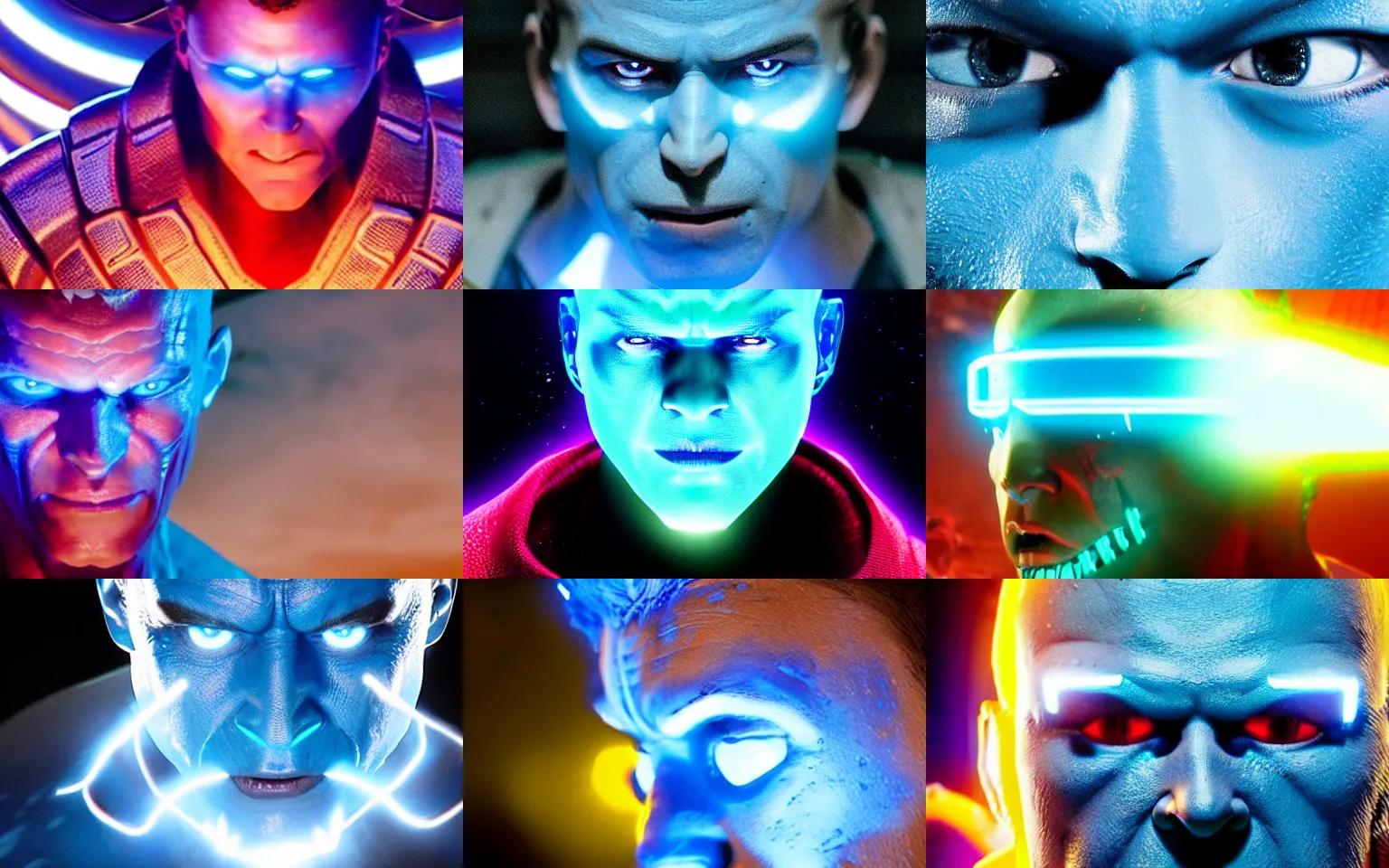 Prompt: still frame from blockbuster comicbook movie showing a closeup of a character with glowing blue skin, their face in profile, showcasing impressive groundbreaking cgi with subsurface illumination effects which make the character appear to be made of cherenkov radiation.