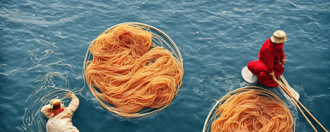 Image similar to spaghetti floating on the surface of the ocean, fisherman in the background, small details, intricate, sharply focused, canon 5 0 mm, wes anderson film, kodachrome