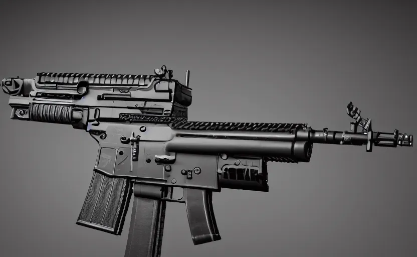 Prompt: m 4 assault rifle, black studio room, realistic weapon, designed by us firearms brand, practical, intricate details, reed gray metallic color, hard surfaces modelling, dramatic, ray tracing, realistic reflections, ultra realistic rendering, sharp focus