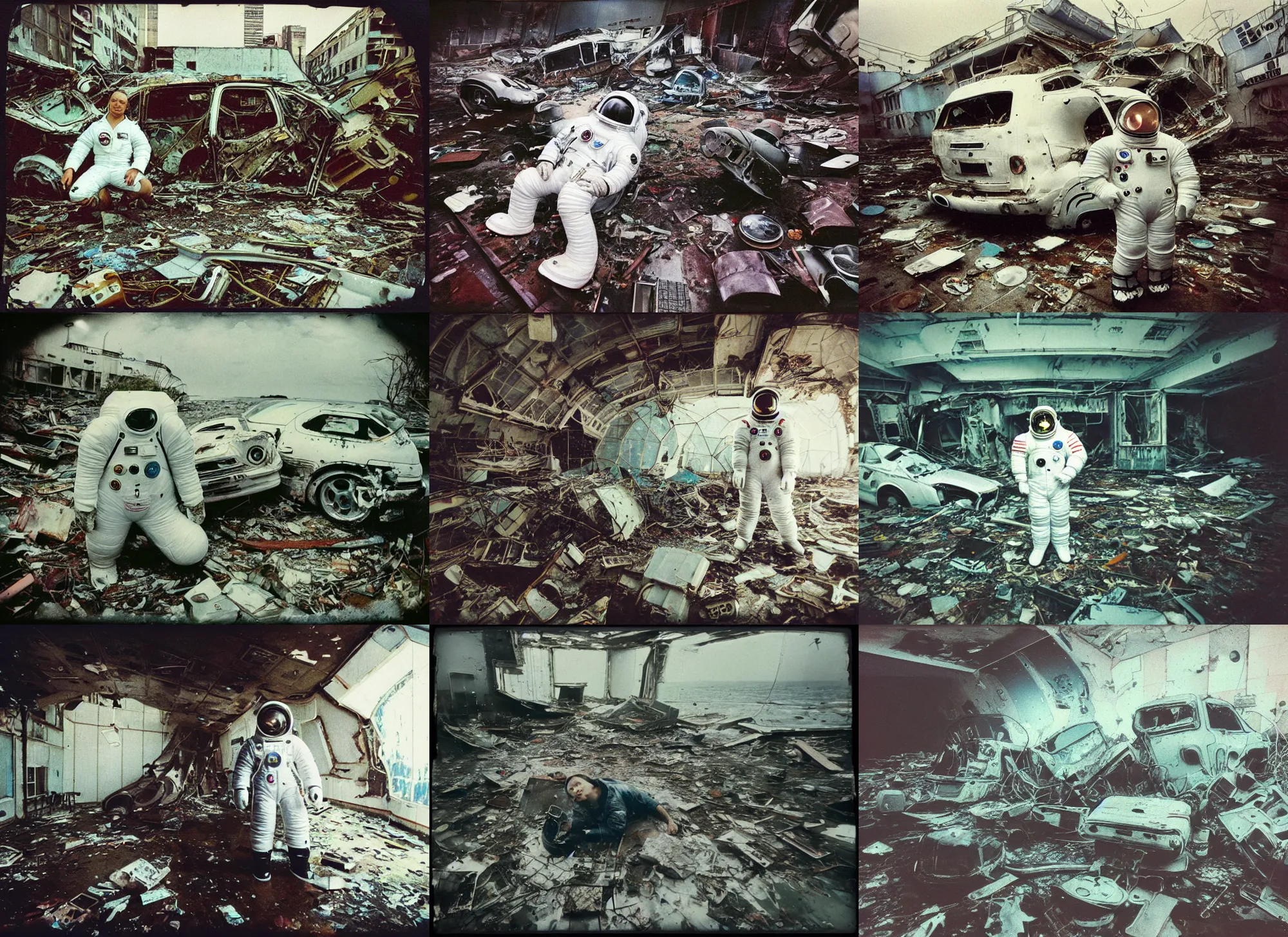 Prompt: faded photographs of american white spacesuit chubby astronaut in postapocalyptic abandoned destroyed deep sea, wrecked buildings, destroyed flipped wrecked cars, underwater polaroid photo, vintage, 1 9 8 5, neutral colors, rainy day, by shawn heinrichs