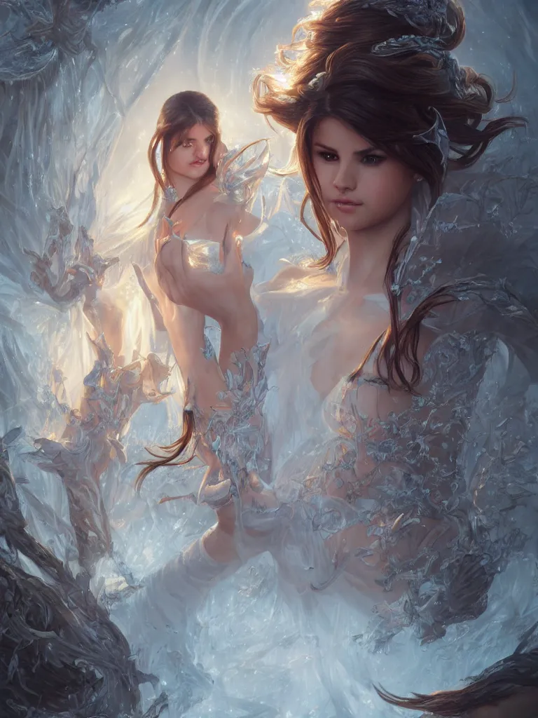 Image similar to Selena Gomez casting an frost spell, D&D, fantasy, intricate, elegant, highly detailed, digital painting, artstation, concept art, matte, sharp focus, illustration, hearthstone, art by Artgerm and Greg Rutkowski and Alphonse Mucha