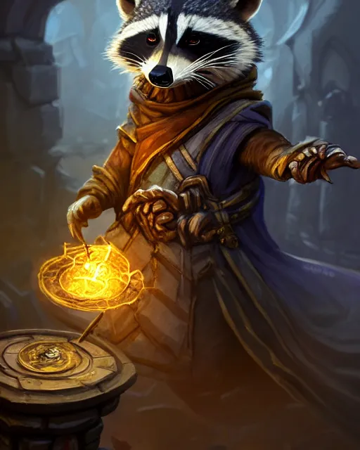 Image similar to closeup 2 8 mm anthropomorphic wizard raccoon casting a spell in a castle, d & d, fantasy, intricate, action pose, particle effects, highly detailed, digital painting, artstation, concept art, matte, sharp focus, volumetric lighting, illustration, hearthstone, art by artgerm, wlop, craig mullins, alphonse mucha