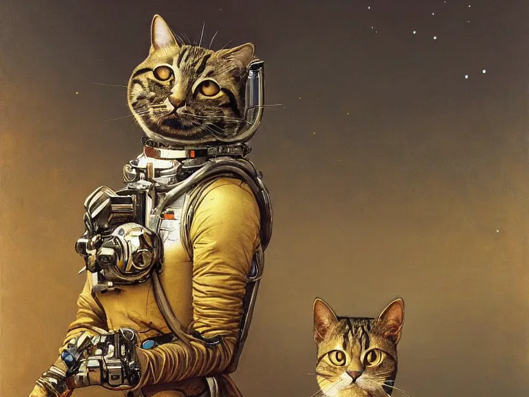 Prompt: a detailed profile painting of a cat in a spacesuit, chrome symmetrical and science fiction theme by beksinski carl spitzweg and tuomas korpi. baroque elements, full-length view. baroque element. intricate artwork by caravaggio. Trending on artstation. 8k