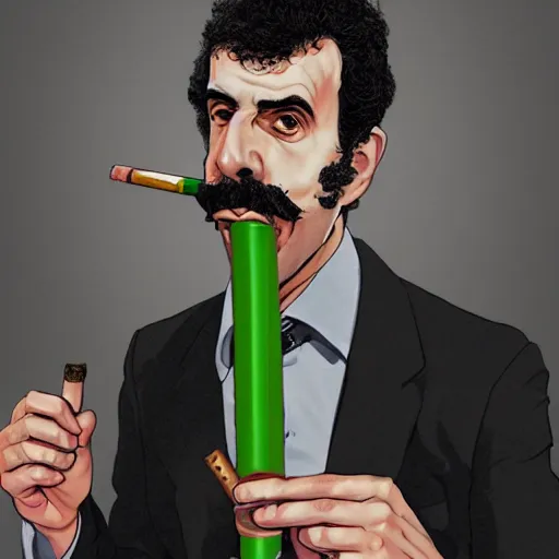 Prompt: Borat smoking a giant rolled cannabis cigarette, caricature, smoke, amazing detail, digital art, artstation