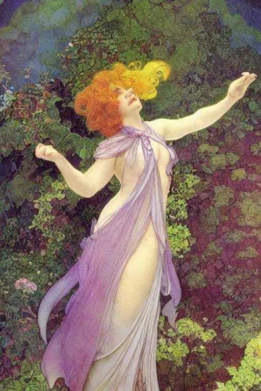 Image similar to a beautiful faerie wearing a silk dress, in a lord of the rings scenery landscape, detailed, rainbowshift, by maxfield parrish, alphonse mucha, brian froud