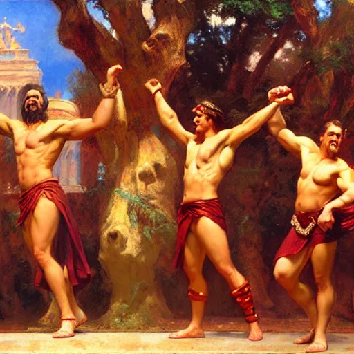 Image similar to hercules performs the ymca dance at a toga party matte painting gaston bussiere, craig mullins, j. c. leyendecker