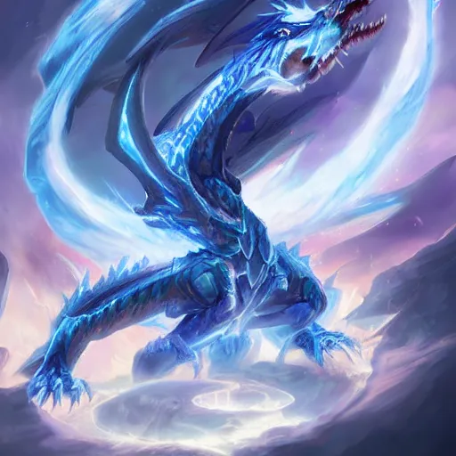 Image similar to a blue eye white dragon, yugioh card game art, battlefield background, bright art masterpiece artstation. 8 k, sharp high quality artwork in style of jose daniel cabrera pena and greg rutkowski, concept art by tooth wu, blizzard warcraft artwork, hearthstone card game artwork, yugioh artwork