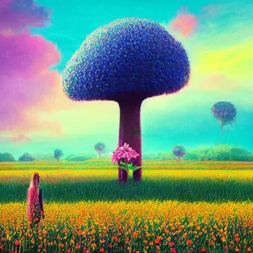 Image similar to gigantic flower head, girl standing in flower field, surreal photography, big trees, sunrise dramatic light, impressionist painting, colorful clouds, digital painting, pointillism, artstation, simon stalenhag