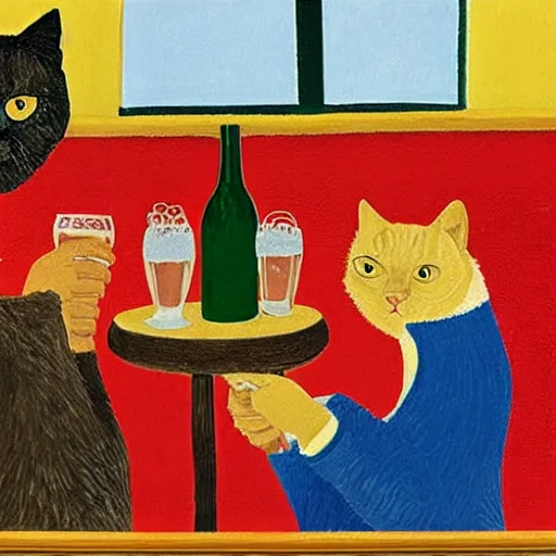 Image similar to three cats drinking beer in a bar, david hockney