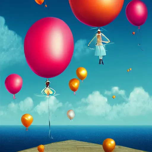 Image similar to digital art of plenty of birthday balloons floating above a beautiful sea. artstation cgsociety masterpiece