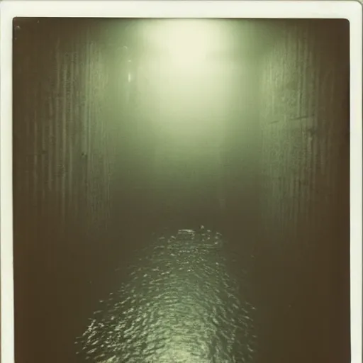 Image similar to flooded subway entrance, dark, liminal space, eerie, old polaroid,