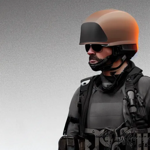 Prompt: futuristic insurgent wearing black helmet glossy visor, brown cloak, technical vest, and a backpack, photorealistic, digital art , red tint