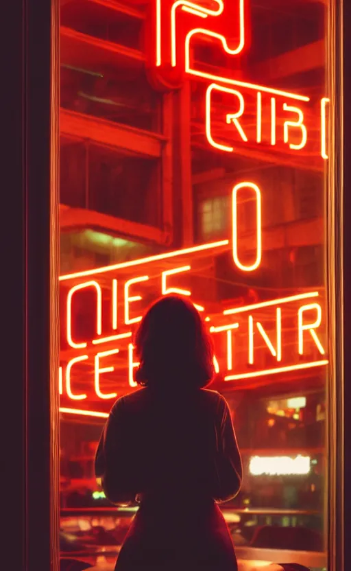 Image similar to vertical movie frame portrait of girl in 5 0's retro restaurant interior, neon - decorated urban on night in the city seen through the window, modern interior design, architectural design, vintage, night blade runner, dark, postapocalyptic, clean lines, 4 k, octane, asian futuristic city at distance, big windows, octane, wide angle