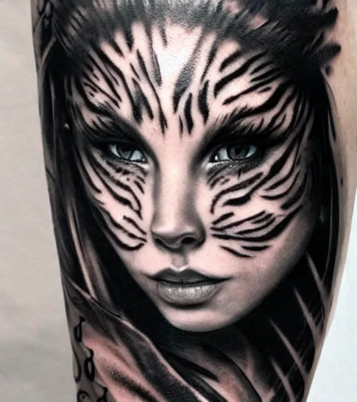 Image similar to tattoo design of a beautiful girl warrior under a tiger head, hyper realistic, realism tattoo, by eliot kohek, beautiful eyes, realistic face, black and white, white background