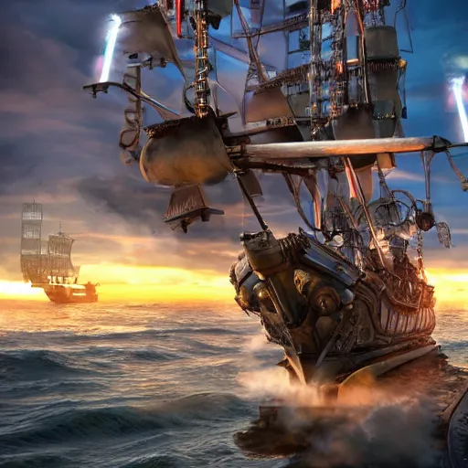 Prompt: futuristic metal pirate ship with guns and rockets , highly detailed, 4k, HDR, smooth, sharp focus, hyper realistic, high resolution