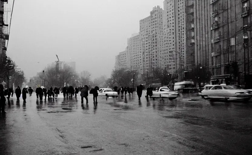 Image similar to 60s movie still of a sovietic street with many pedestrians with stalinist style highrise, Cinestill 800t 18mm, heavy grainy picture, very detailed, high quality, 4k panoramic, HD criterion, dramatic lightning, streetlight at night, rain, mud, foggy, soviet flags