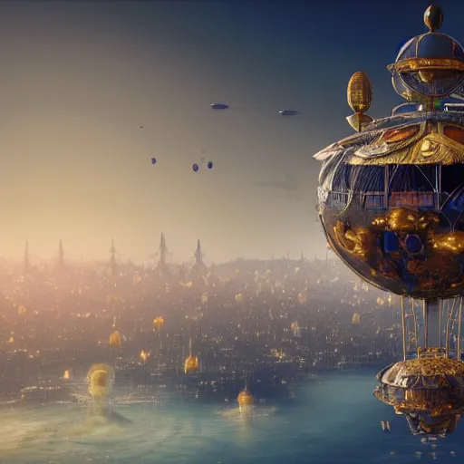 Image similar to enormous flying city in a gigantic faberge egg, sky, steampunk, flying islands, fantasy art, octane render