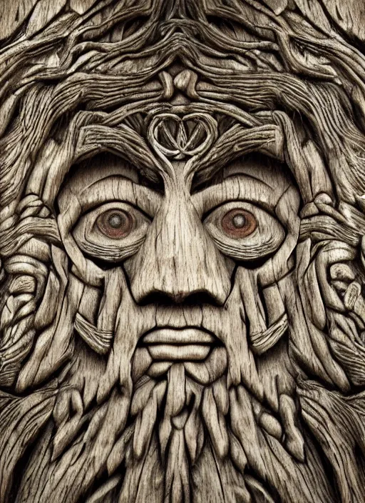 Image similar to wooden sculpture of a druid face, etched with Celtic symbols, eyes open, at a majestic forest waterfall + cascading water + fluid dynamics + particle physics, rocks, flowers, oak leaves, brown silk, glowing gold and silver embers, song of the sea inspired, Rasterized render, cgi, 3d, hyper-detailed, ultra-realistic, photo-bash, 8k post-production, masterpiece