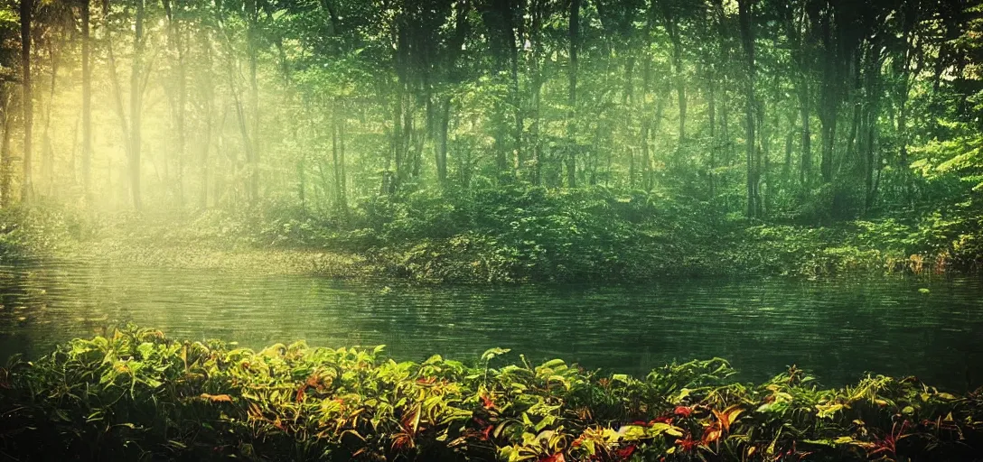 Image similar to “ ethereal, dreamland, a forest growing on water surface, background of flowery hill, bokeh, beautiful shadows, soft, dreamy, beach sand viable in corner. ”