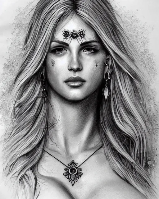 Image similar to tattoo sketch of beautiful greek goddess aphrodite with arrowhead earrings, beautiful piercing eyes, flowing blonde hair, realistic face, hyper realistic, in the style of greg rutkowski, fantasy, amazing detail, epic, intricate, elegant, smooth, sharp focus