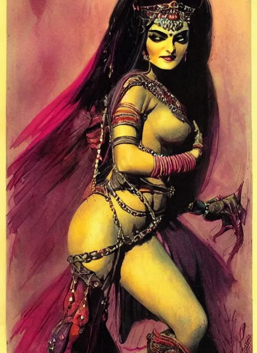 Image similar to female indian vampiress, jeweled veil, strong line, saturated color, beautiful! coherent! by frank frazetta, high contrast