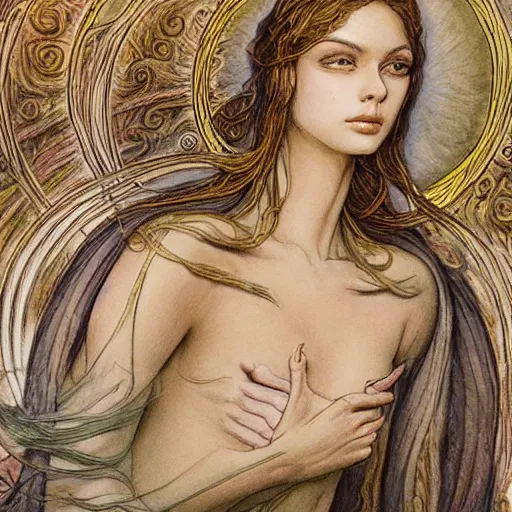 Prompt: most beautiful silk steel maiden, cygnus milieu of desert of purgatory, in the style of william blake, terese nielsen, detailed, intricate, beautiful faces, steve argyle, pastoral fantastic reality