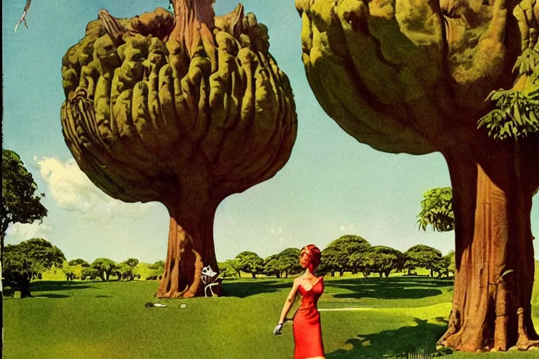 Image similar to 5 0 s pulp scifi illustration, elegant alien female strolls on lawn in beautiful extraterrestrial gardens, baobab tree, by norman rockwell, tom lowell, david curtis, frank schoonover