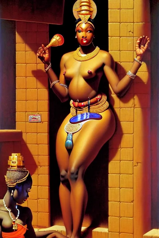 Prompt: an african goddess queen in a temple by gil elvgren and norman rockwell and rob gonsalves and hajime sorayama, hyperrealistic, high detail, ultra detailed, highly detailed face, feminine facial features, ruffled fabric