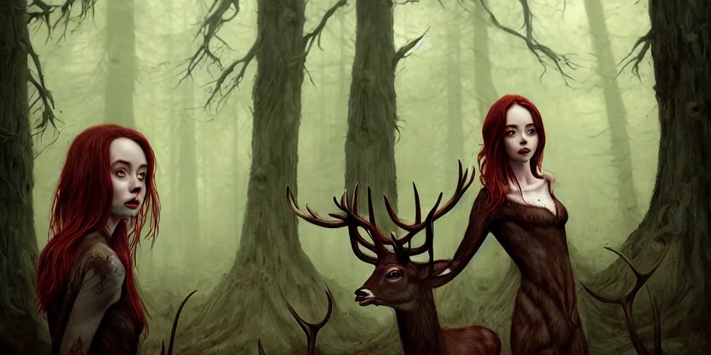 Image similar to surrounded by trees, realistic character concept, gorgeous Kacey Rohl, red hair, small freckles, symmetrical face, symmetrical eyes, full body, covered in blood, dark forest, trees, shorter neck, cinematic lighting, Joshua Middleton and artgerm, Wendigo creature with antlers and a deer skull face lurking in the background, fear anxiety terror