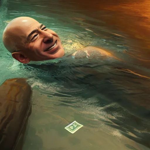 Prompt: jeff bezos swimming in a pool of cash, 4 k, photography, extremely detailed, digital art, trending on artstation, greg rutkowski, cinematic lighting, hyperrealistic