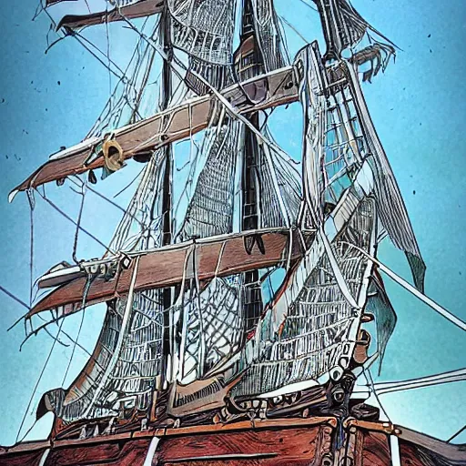 Prompt: a brigantine - type pirate ship with a lawn and fruit tree on her deck as well as an observation tower and huge masts, intricate, elegant, highly detailed, smooth, sharp focus, high contrast, colourful, dramatic lighting, graphic novel, art by ardian syaf and pepe larraz,