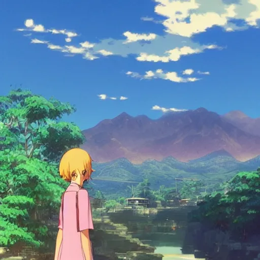 Image similar to by makoto shinkai peach, 1 9 7 0 s precise. the mixed mediart is of a small village with a river running through it. in the distance, there are mountains. the sky is clear & the sun is shining.