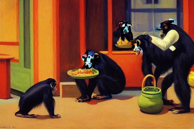 Image similar to a highly detailed painting of chimpanzees cooking lentil dhaal, by Edward hopper