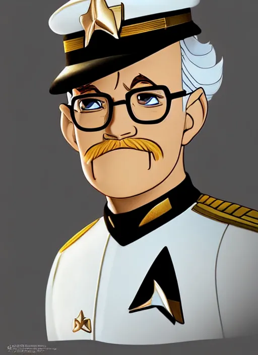 Prompt: cute star trek officer colonel sanders, natural lighting, path traced, highly detailed, high quality, digital painting, by don bluth and ross tran and studio ghibli and alphonse mucha, artgerm