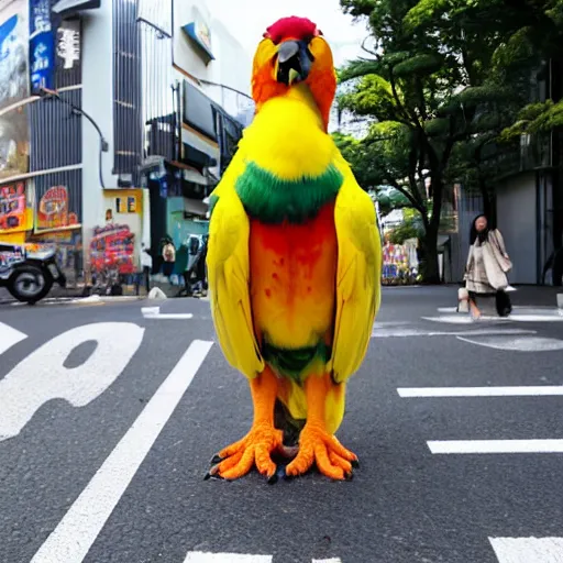 Image similar to a human sized parrot standing on a street in ota city, tokyo